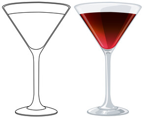 Vector illustration of an empty and full cocktail glass.