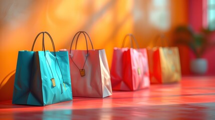Online shopping bags using promotional tags or cash for future use Online shopping via smartphone in hand Shop to buy e-commerce retailers - obrazy, fototapety, plakaty