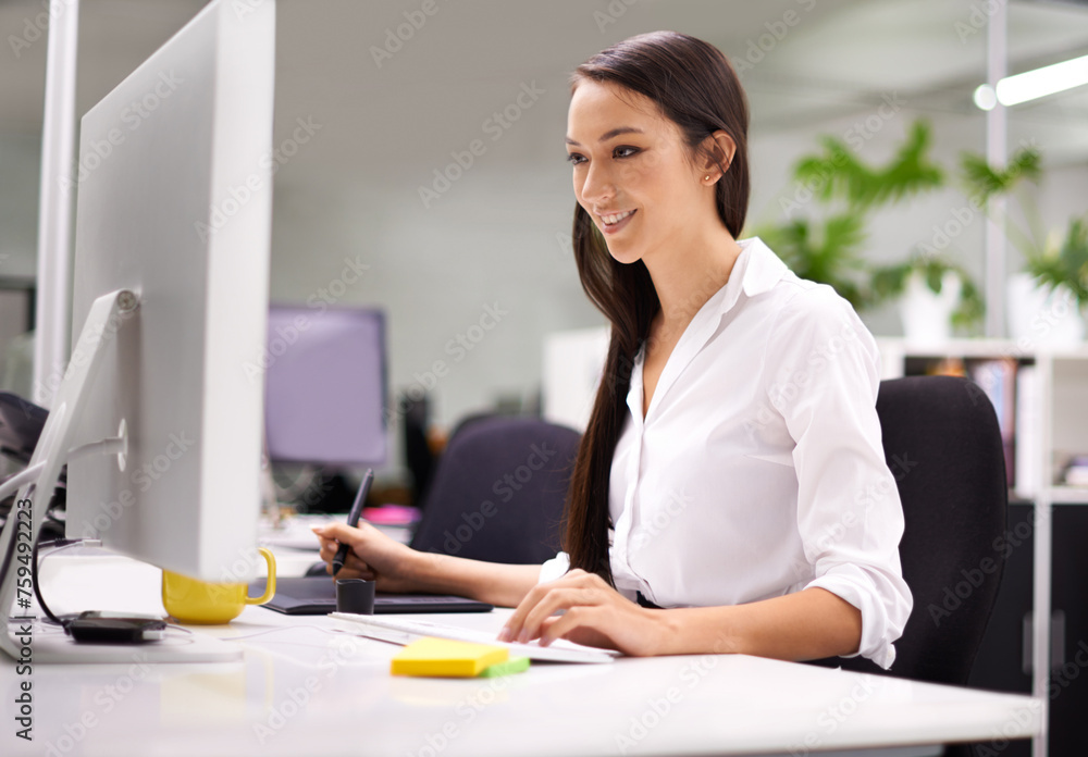 Aufkleber Woman, office and computer with drawing on tablet with smile on computer for concepts, artwork and digital designer. Female person, creative and happy on pc for internet or website for search.