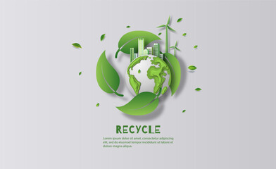 A leaf recycling symbol with green city, ecology and energy concept, paper illustration, and 3d paper.
