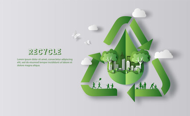 Recycle Symbol, many people doing activities, enjoy their life in a good atmosphere, save the planet and energy concept, paper illustration, and 3d paper.
