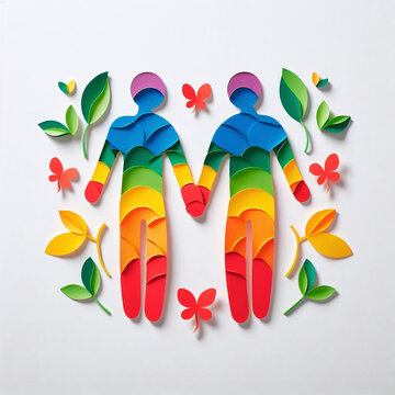 Paper cut of couple in love with colorful paper flowers on white background