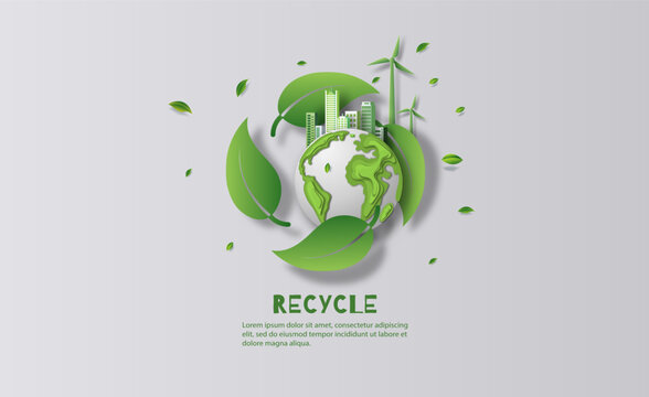 A leaf recycling symbol with green city, ecology and energy concept, paper illustration, and 3d paper.
