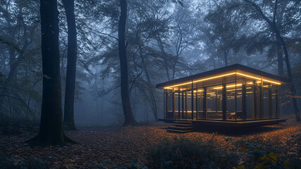 A dreamlike photograph of a glass hut during a misty morning in the woods