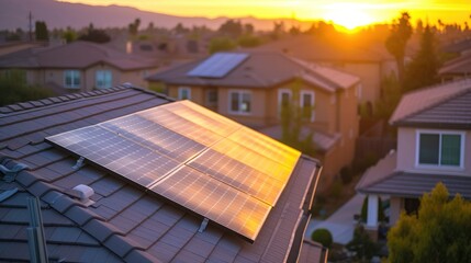 The sun sets behind a residential area equipped with solar panels, highlighting sustainable energy solutions in a suburban setting. AIG41