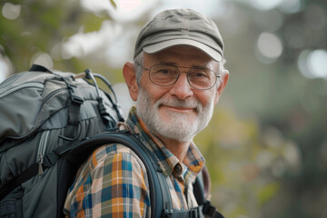 Obraz premium Portrait of a senior traveler wearing glasses with a big backpack