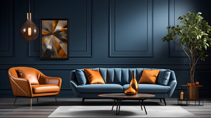 Picture of a luxurious living room interior with a dark blue sofa, armchairs by a coffee table, a blue wall, a modern rug, a floor lamp