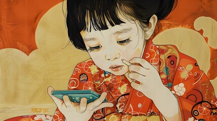 Innocence Children in yakata dress with old japanese style art 