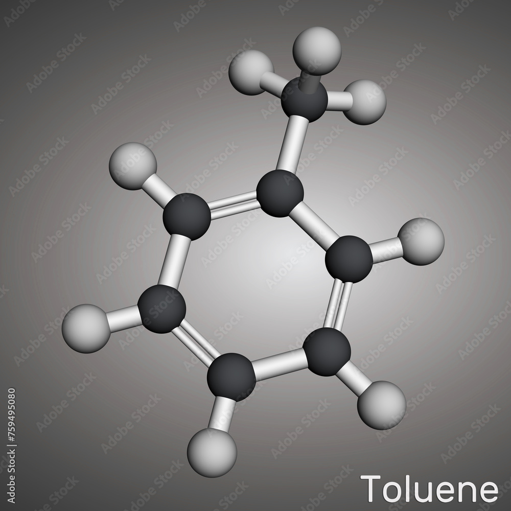 Wall mural Toluene, toluol C7H8  molecule. Methylbenzene, aromatic hydrocarbon. Molecular model. 3D rendering