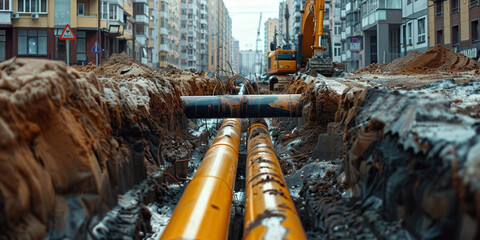 Workers install underground pipes for water, sewerage electricity and fiber optics for the population of an urban center. Construction of drinking water plumbing pipeline repair in winter time concept