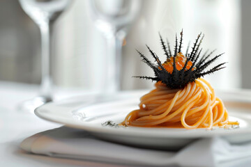 Delicious Sea Urchin Uni Pasta on Minimalist Setting Gen AI - obrazy, fototapety, plakaty