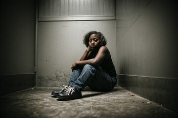 A scared and battered woman sitting alone in a dark and oppressive room in despair