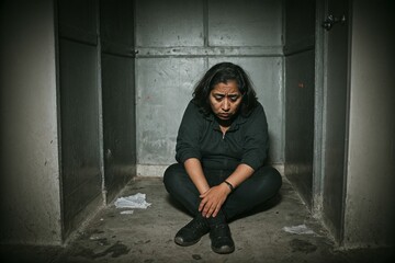 A scared and battered woman sitting alone in a dark and oppressive room in despair