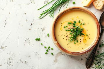 Creamy Beer Cheese Soup with Green Onion Garnish - obrazy, fototapety, plakaty