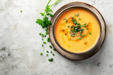 Savory Beer Cheese Soup in Ceramic Bowl with Chive Topping