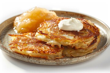 Homemade Potato Pancakes with Apple Sauce and Cream, isolated background