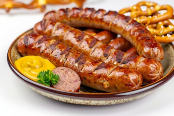 Gourmet Weisswurst with Mustard and Pretzels, pristine white backdrop