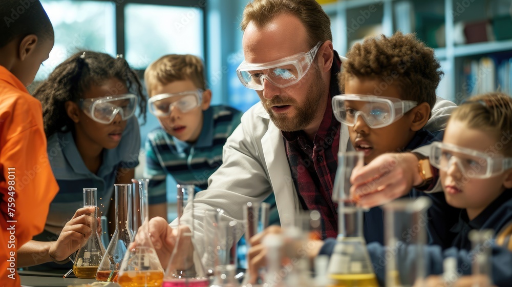 Poster a fun event is taking place in a lab where a group of children are conducting a science experiment, 