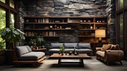 The interior room has a grey stone wall and is adorned with wooden decor. It features a bookshelf, a comfortable sofa, and a vase filled with plants. There is also a middle table - obrazy, fototapety, plakaty