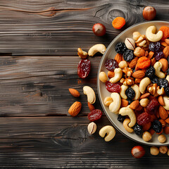 Plate with assorted nuts and dried fruits With copyspace for text
