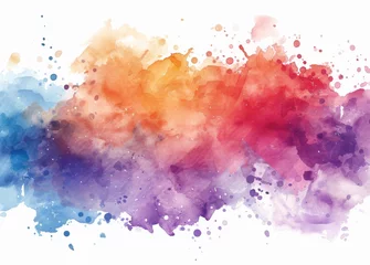 Gordijnen A vibrant watercolor panorama with a smooth transition from cool blues to warm reds and purples, resembling a sunset sky, dotted with lively paint droplets. © BackgroundWorld
