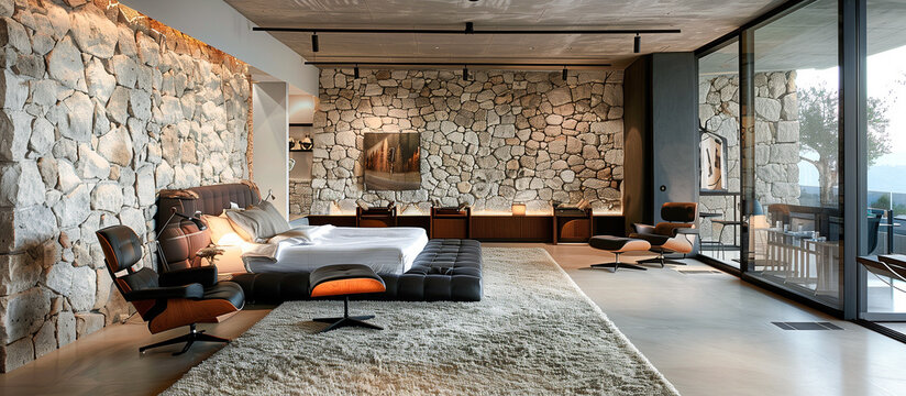 Fototapeta modern living room bedroom with prominent stone wall sense modernity and relaxation concept