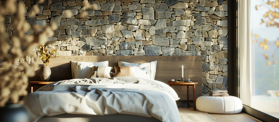 modern living room bedroom with prominent stone wall sense modernity and relaxation concept