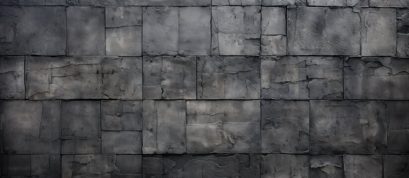 Fototapeta A close up of a grey brick wall with a grid pattern made up of rectangular bricks. The tints and shades create a parallel composite material building material with a pattern resembling wood