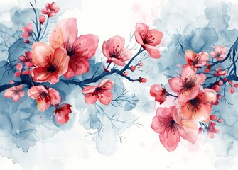 Artistic watercolor rendering of cherry blossoms in full bloom, set against a serene blue background with subtle splashes, evoking the essence of spring.
