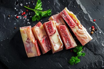 Fresh raw beef marrow bones displayed on a dark slate board, garnished with vibrant green parsley leaves