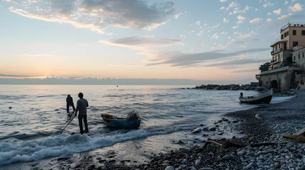 Plexiglas foto achterwand Bogliasco's Serene Beach: A Coastal Haven for Fishing Town Vacations © JK