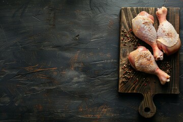 Two raw chicken legs placed on a wooden cutting board atop an old dark wooden table