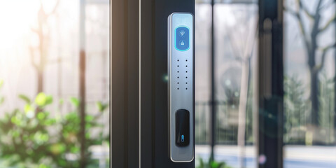 A smart door lock system with biometric access, ensuring secure entry to the home. Password entering by keypad number scan device machine. Advanced authentication device for privacy and safety. - obrazy, fototapety, plakaty