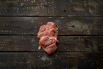 A piece of raw beef meat laid out on a rustic wooden table, ready to be prepared for cooking