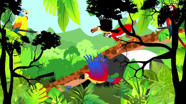 Jungle life animation monkey on tree parrots toucano exotic animals and plants