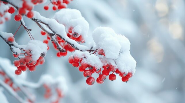 A Closeup of a Snow-covered Rowan Tree Branch in a Winter Forest