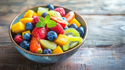 A Bowl of Fresh Summer Fruit Salad on a Wooden Background