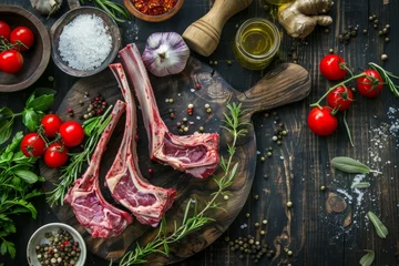 Fotobehang Fresh raw lamb shanks and assorted vegetables arranged on a dark wooden table for a food photography shoot © Ilia Nesolenyi