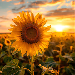 gros plan sur une fleur de tournesol dans un champ au soleil couchant, heure dorée