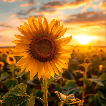 gros plan sur une fleur de tournesol dans un champ au soleil couchant, heure dor&eacute;e