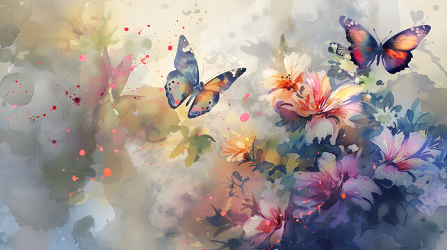 Arrangements floraux élégants à l'aquarelle : une superbe exposition de papillons vibrants pour les invitations, les salutations et la décoration murale