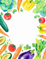 Frame of fresh vegetables, illustration in watercolor style.