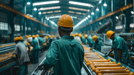 A group of men are engaged in mass production on a conveyor belt in a factory, - obrazy, fototapety, plakaty