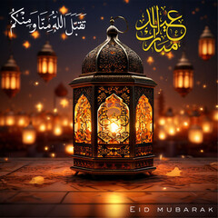 Eid Mubarak Greetings with lantern and arabic wordings