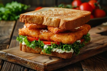 A chicken sandwich topped with lettuce and tomato arranged neatly on a wooden cutting board