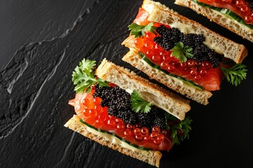 A black and white sandwich topped with fresh fruit on a black background in a flat lay composition