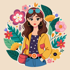 Sticker of showcasing a fashionable girl surrounded by floral motifs and stylish accessories, ideal for elevating the appeal of t-shirt graphics