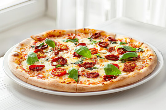 Gourmet Sun-Dried Tomato and Goat Cheese Pizza on White Plate Gen AI