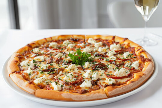 Gourmet Sun-Dried Tomato Goat Cheese Pizza on White Table Setting Gen AI