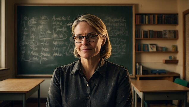 A professional teacher is captured in a portrait photo, confidently facing the camera against a vintage backdrop